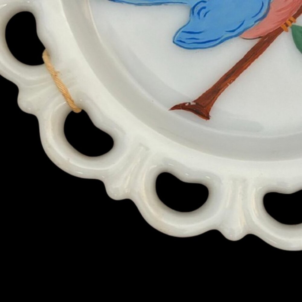 Vintage 1950's "Bluebird of Happiness" Hand Painted Milk Glass Plates Set of 2 - Picture 6 of 8
